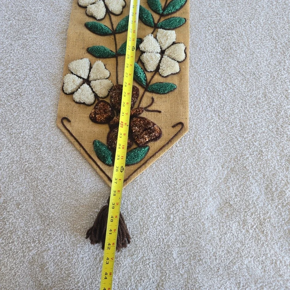 Vtg 1970's BOHO Burlap Flower Butterfly Latch Hook Completed Rug Wall Hanging